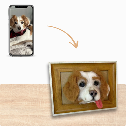 Handcrafted 3D custom dog portrait in felt, capturing lifelike details of a pet’s face.